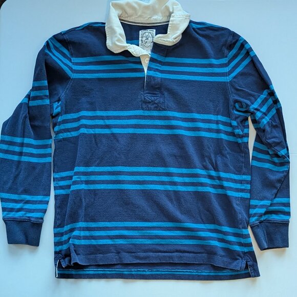 Lands End Men's Lrg Rugby Shirt Light/Dark Blue Stripe Heavy Weight Pique Cotton - Picture 1 of 3